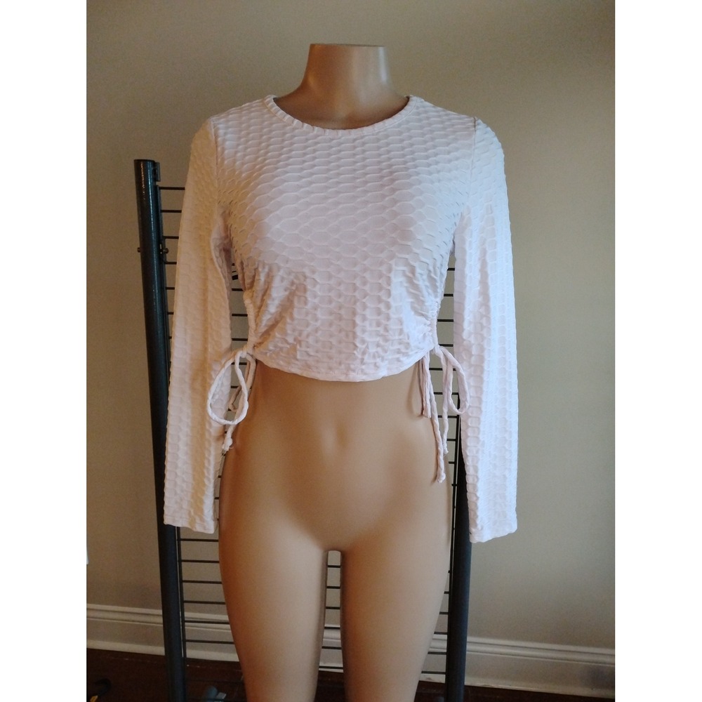 Love J White Honeycomb Textured Long Sleeve Cinch Side Crop Top A622 Mens L